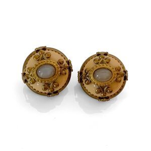 Patrice Ornate Brass Moonstone Clip Earrings